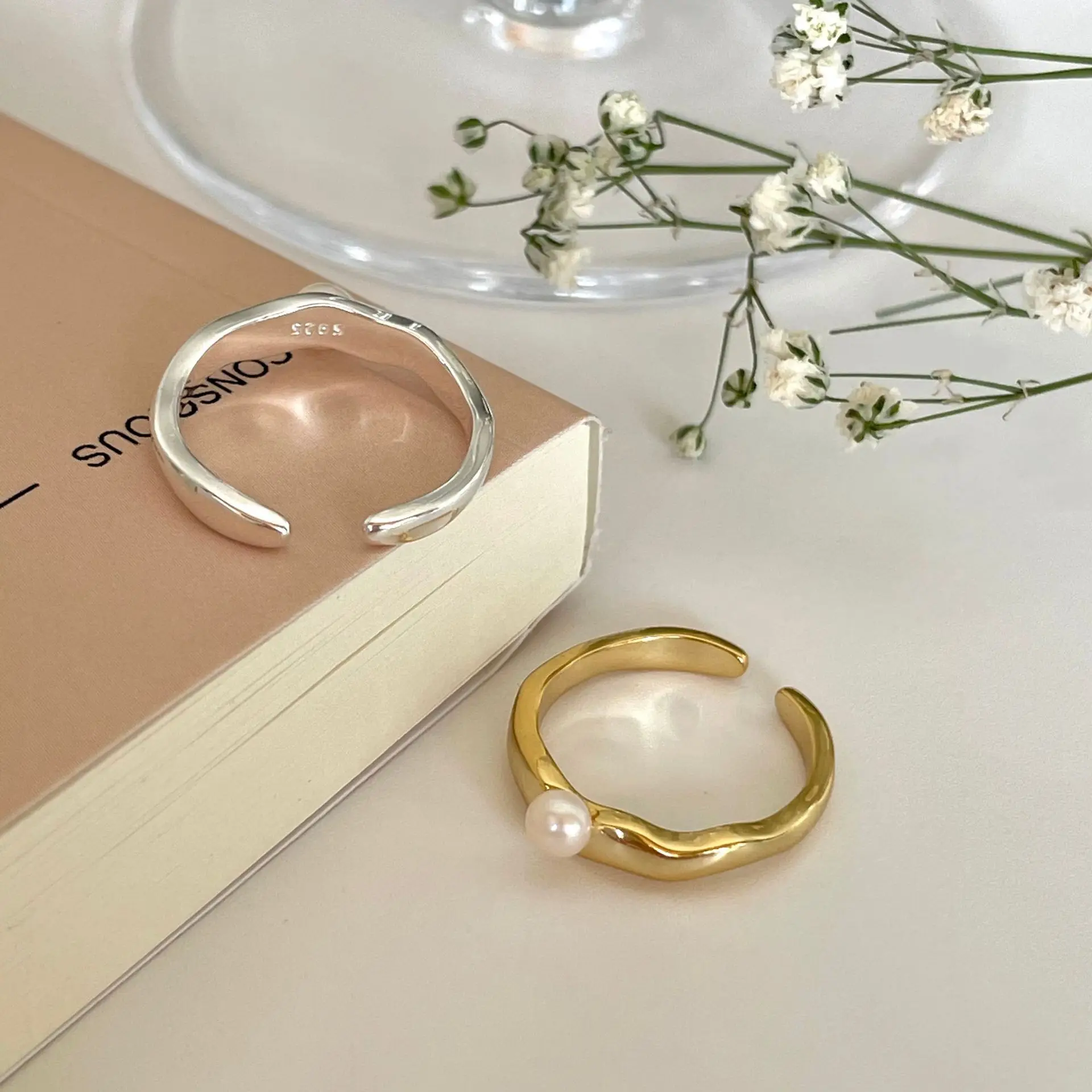 

18K Gold plating Authentic S925 Sterling Silver Fine Jewelry Freshwater Pearl Wave Geometric Ring C-J1751