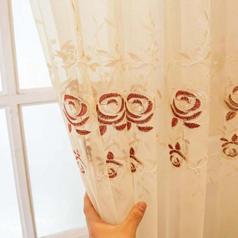 

European Luxury Rose Embroidery Lace Tulle Curtains For Living Room Dining Room Elegant Home Decor Sheer Drapes For Kitchen Door