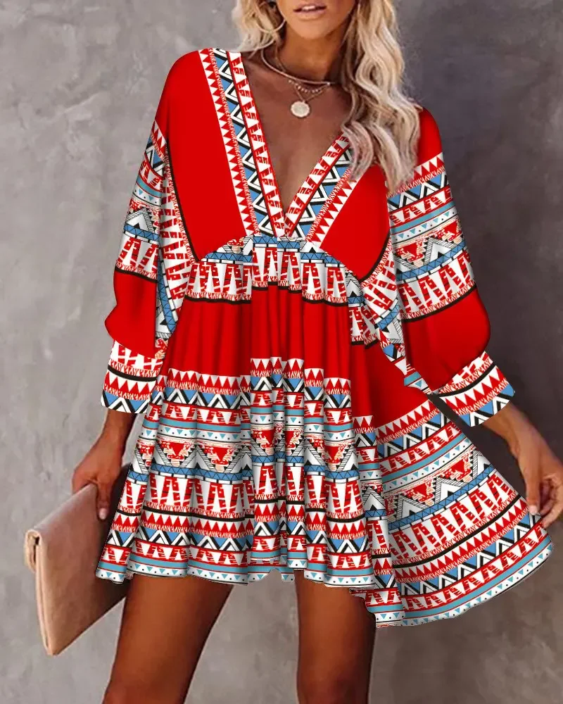 

2022 Summer Woman Vintage Tribal Print V-Neck Tied Detail Lantern Sleeve Swing Casual Mini Boho Vacation Dress