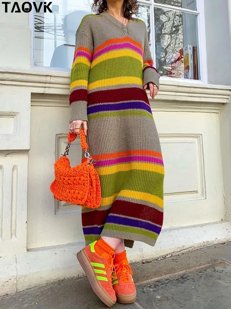 

Женское вязаное платье-свитер в полоску TAOVK, повседневное Свободное длинное платье разных цветов с V-образным вырезом и разрезом сбоку