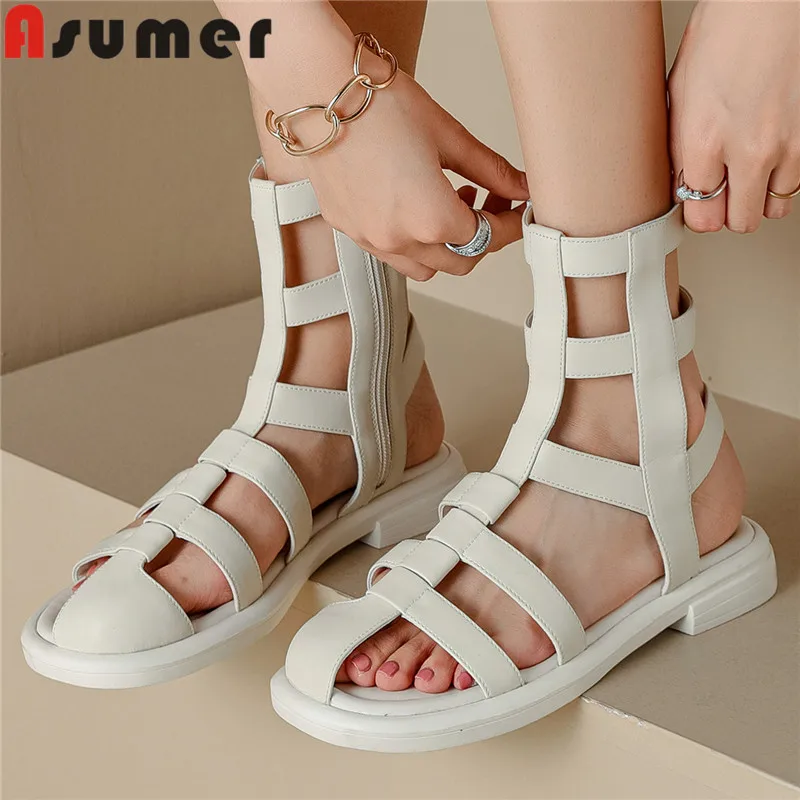

Женские босоножки из натуральной кожи ASUMER, на низком квадратном каблуке, летние сандалии на молнии, повседневные сандалии-гладиаторы, новин...