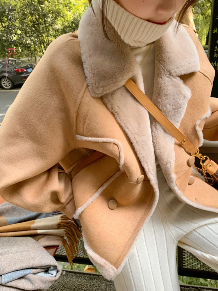 

LANMREM Women's Fashion Lamb Wool Short Coats Stitching Lapel Double Breasted Korean Trend Warm Clothing Autumn Winter 2R7714