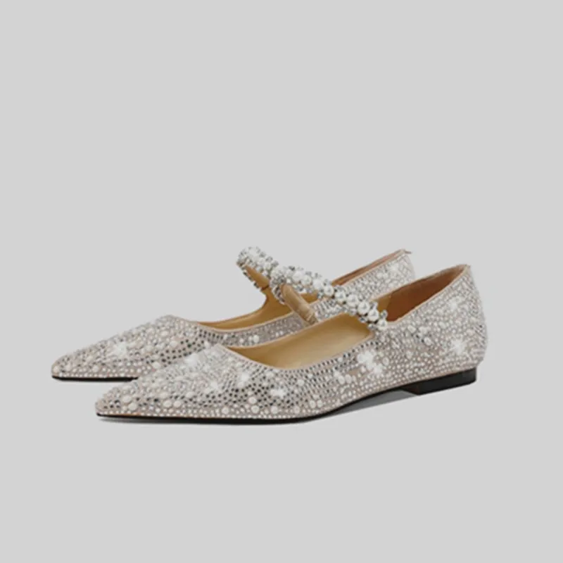 European and American women's pointed toe shoes shallow mouth pearl rhinestone single shoes