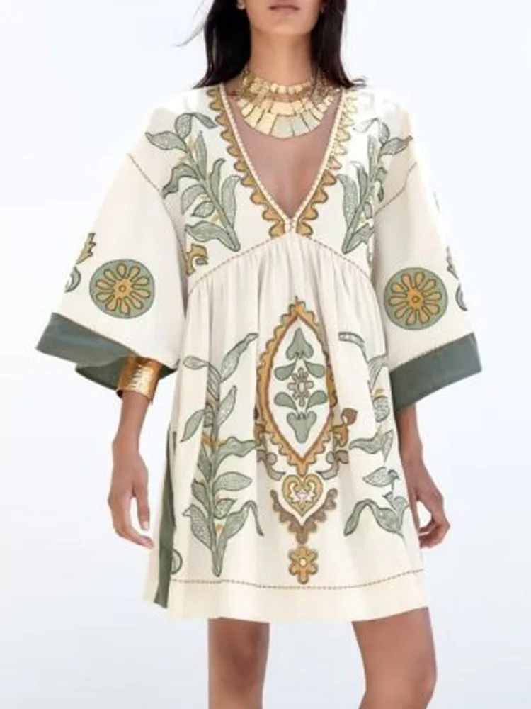 

2023 Women Summer Loose Mini Dress Vintage Linen Embroidery 3/4 Sleeve V-Neck Female Elegant Street Dresses Clothing