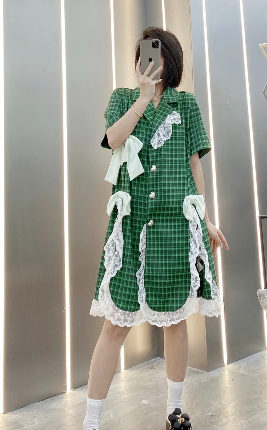 

125879 Luxury Designer Clothes Fashion Classic Trendy Green Grid Patchwork Suit Skirt