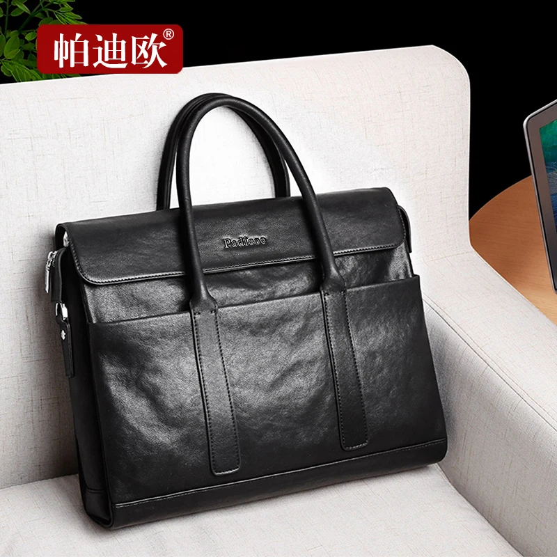 Padieoe Fashion Cowhide Male Business Men Briefcase Bag Luxury Leather Laptop Bag Man Black Handbag Large Capacity Shoulder Bag