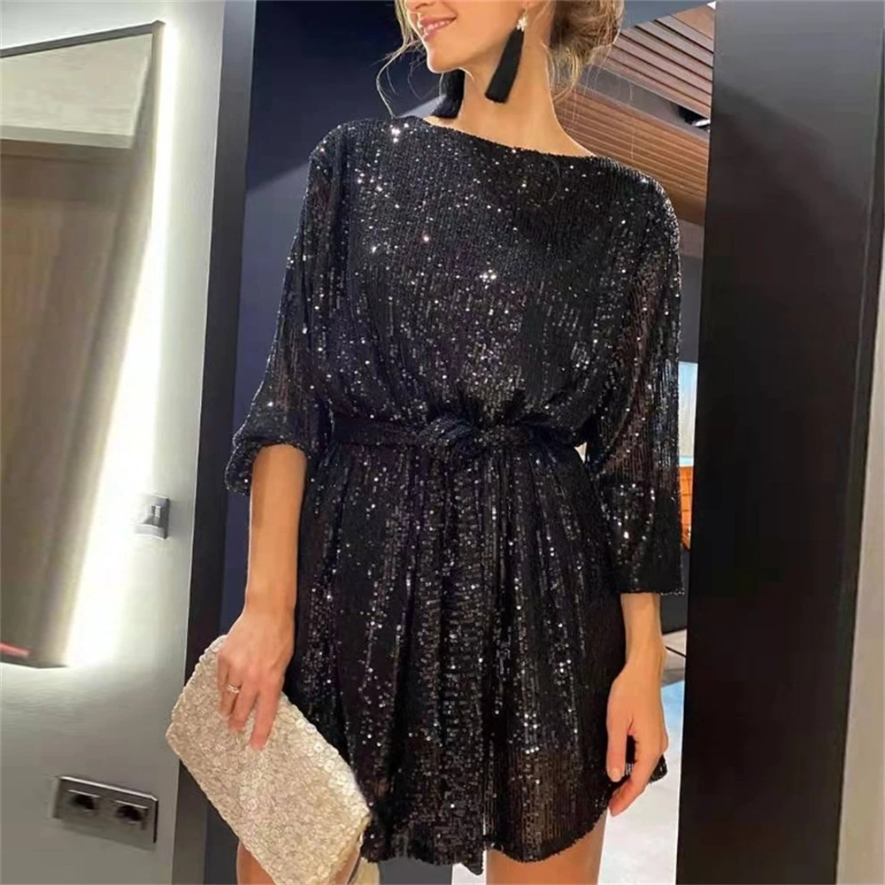 

Autumn Winter Elegant Solid Sequin Party Dress Women Casual Long Sleeve A-Line Dress Lady Fashion Shiny Loose Mini Dress