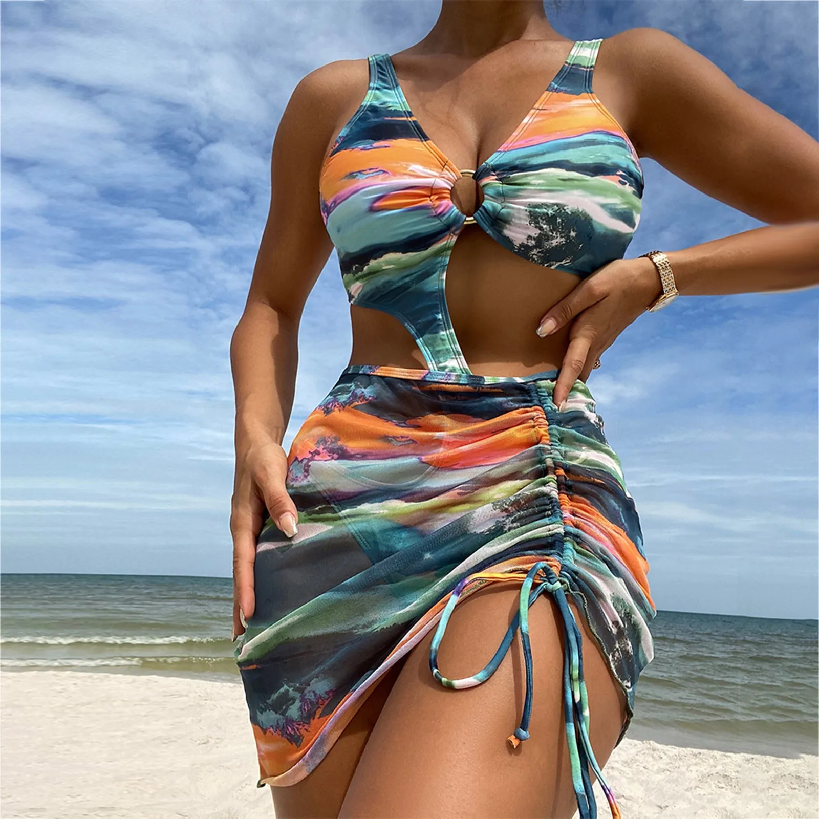 

Women's 2 Piece Swimsuits Sexy Bikini Sets Triangle Halter Bathing Suit With Mesh Cover Up Sports Bra Bathing Suits for Women