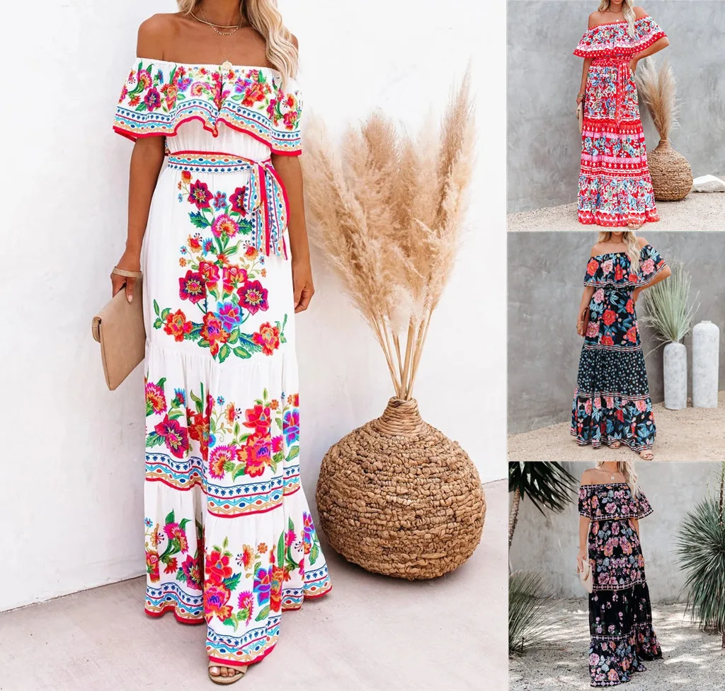 Spring and summer 2022 new off shoulder printed long women's dress with large hem