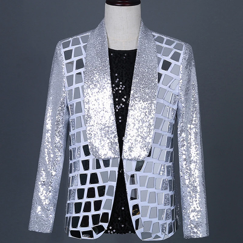 Silver Sequin Blazer Men Shawl Collar Single Button Suit Jacket Shiny Plaid Sequins Party Dance Stage DJ Nightclub Costume Homme