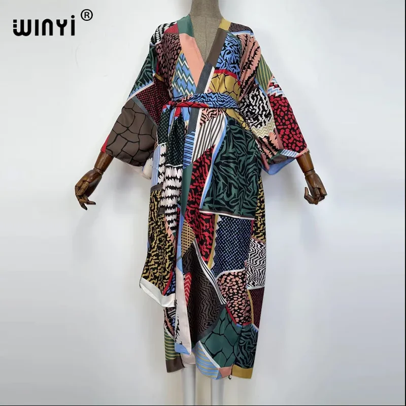 Фото Весеннее кимоно WINYI для женщин, с принтом, с пышным подолом, длинный рукав, кардиган, абайя, роскошная пляжная одежда из Дубая, накидка, бохо-платье, кафтан №1