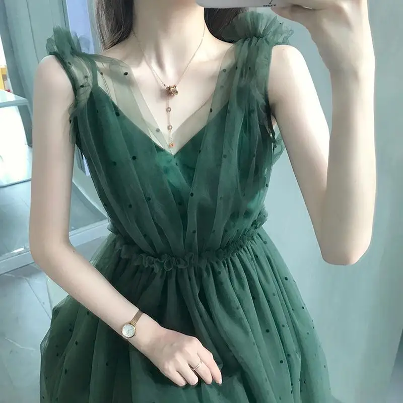 

France Elegant Sexy Dress Women Fairy Party Midi Dresses Female Green Mesh Fairy High Waist Korean Fashion Sweet Dress 2022 New