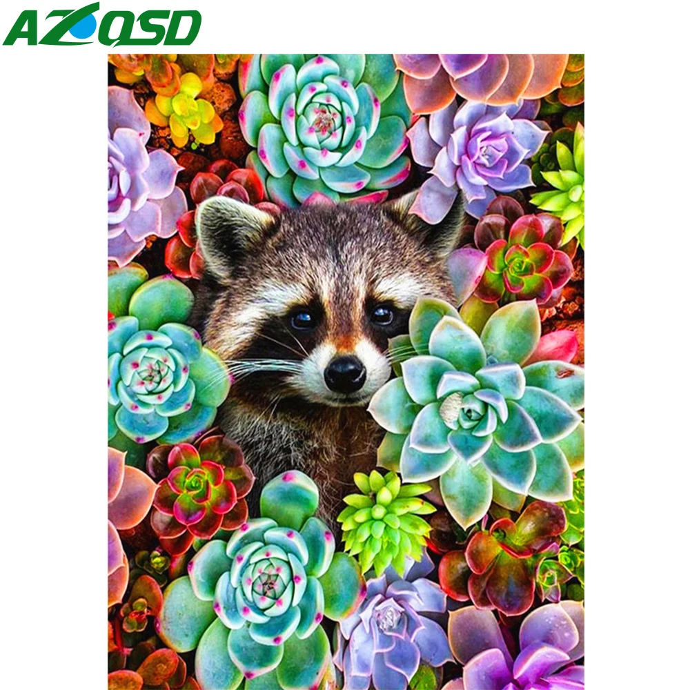 

AZQSD Painting By Numbers Raccoon Succulents Canvas Art Frameless Oil Painting Animal Handpainted Wall Decorations Living Room
