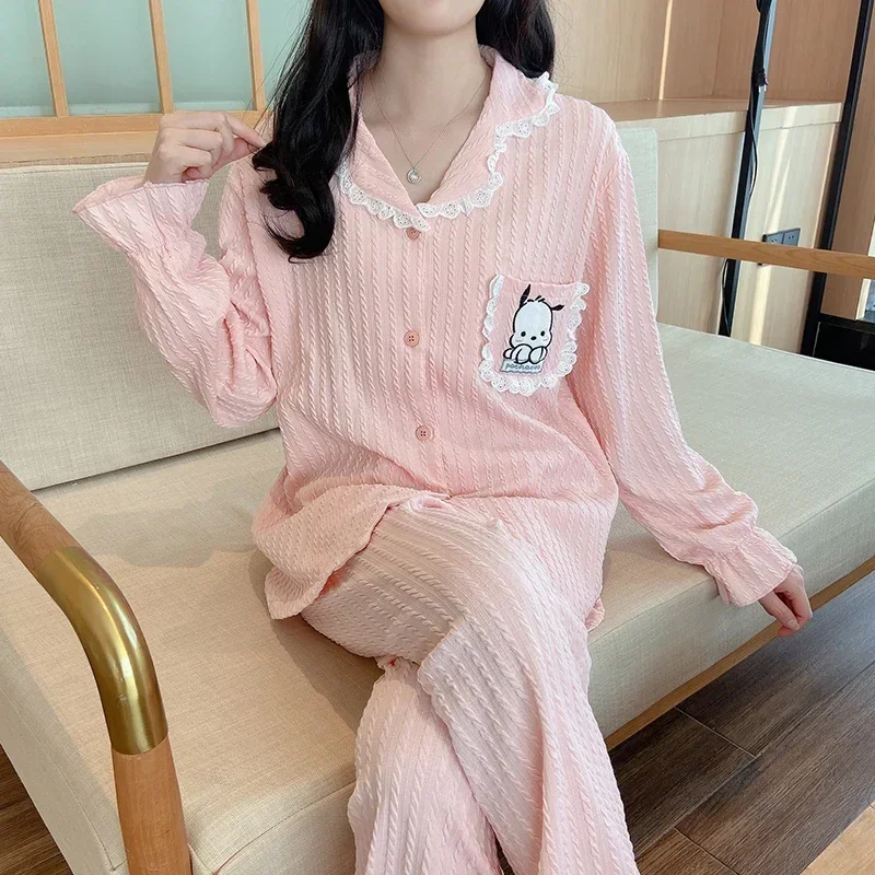 Sanrio Pacha Dog осенние хлопковые брюки с длинными рукавами удобные женские пижамы