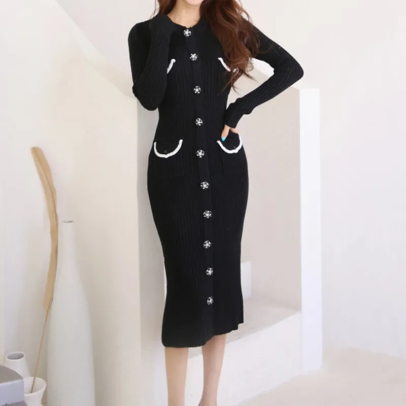 

Autumn Winter 2021 New Korean Elegant Chic Office Lady Knitting Dress Women Long Sleeve Sheath Bodycon Sweater Dresses Vestidos