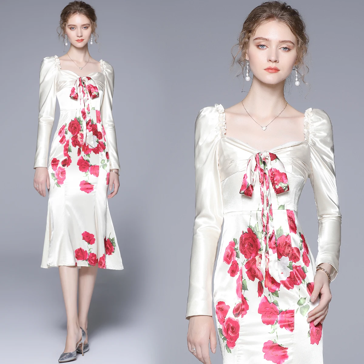 

Fashion Female European Elegant Office Lady Autumn Vintage Midi Rose Dress Slim Straight Square Collar Silk Dresses for Women