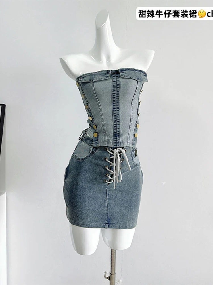 

Summer Women Hot Sexy 2000s Aesthetic Club Denim Outfits 2 Piece Set Jeans Tube Top Crop + Design High Waist Lace Up Mini Skirt