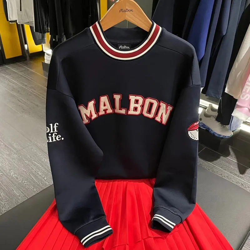 Malbon Women's Long Sleeve Drop Shoulder Pullover Sweatshirt Letter Print Graphic Crewneck Long Sleeve Pullover Top