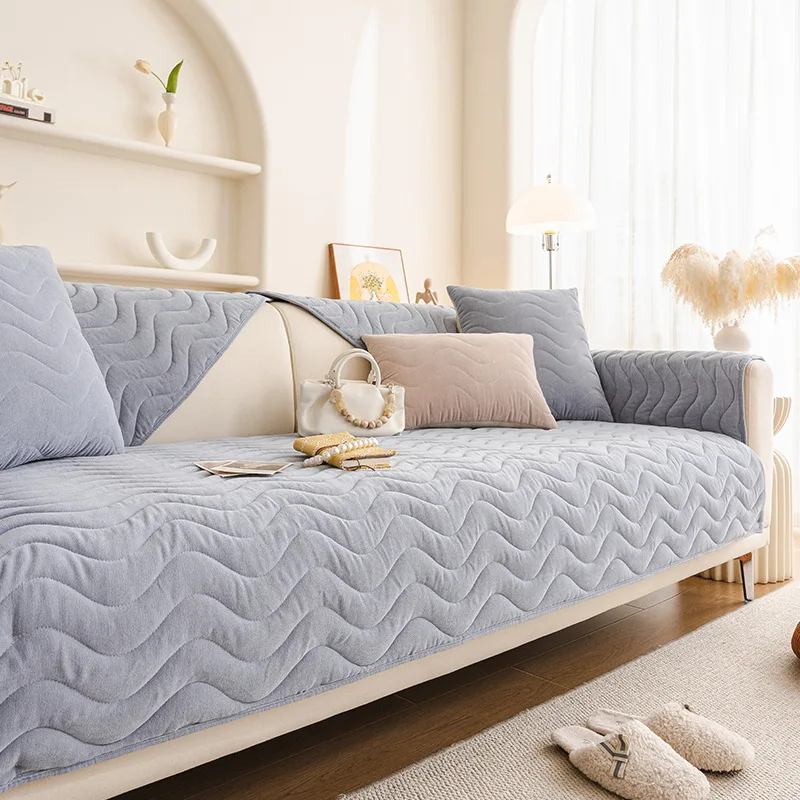 Pure Color Wave Pattern Sofa Covers Chenille Couch Cushion for Living Room L-shaped Decorative Sectional Cover