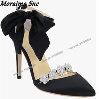 moraima snc lace up bow knot crystal sandals pointed toe ankle buckle stilettos high heels cut out summer wedding shoes on heels