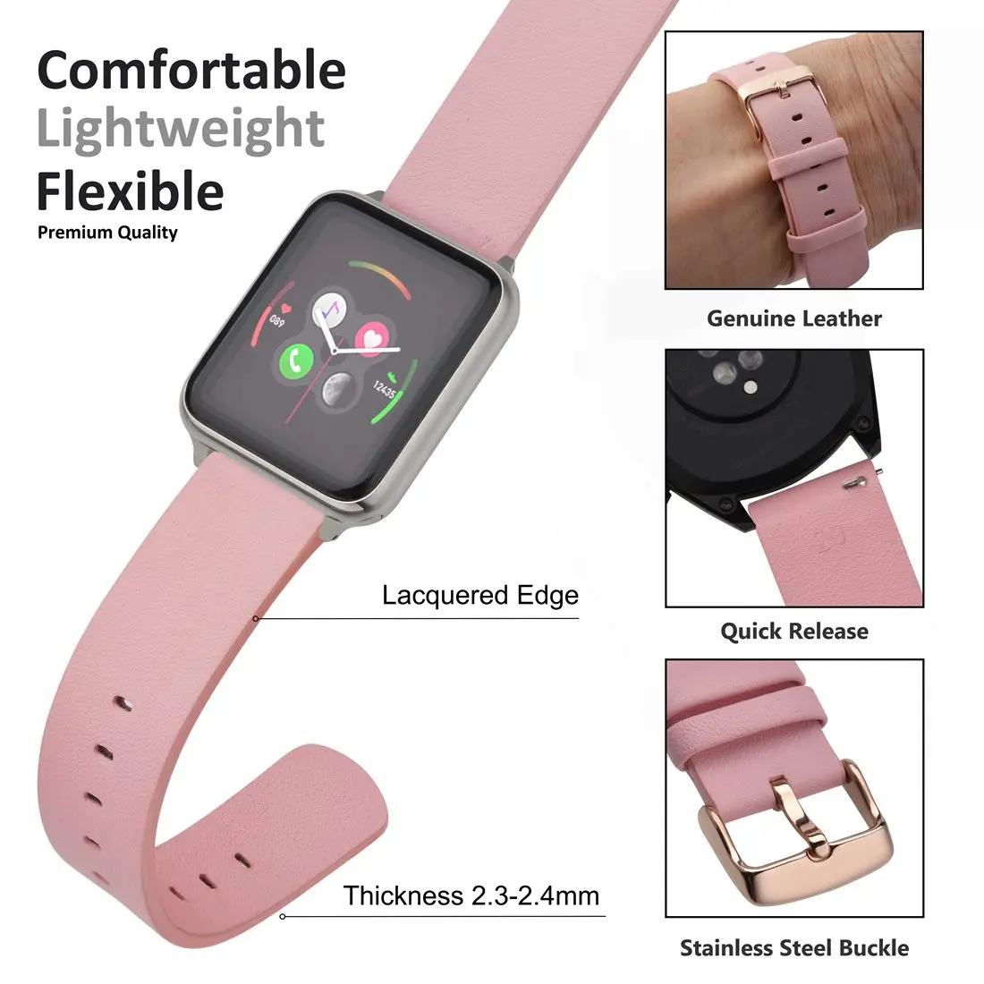 WOCCI Top Grain Leather Watchband Soft Watch Band 18mm 20mm 22mm Wrist Strap with Stainless Rosegold Buckle for Unisex