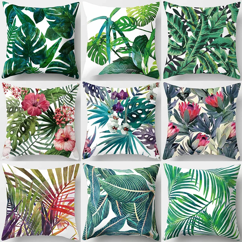 

Tropical Decoration Print Leaf Cushion Green Plant Throw Pillow For Sofa Home Decorative Pillowcase 45x45cm