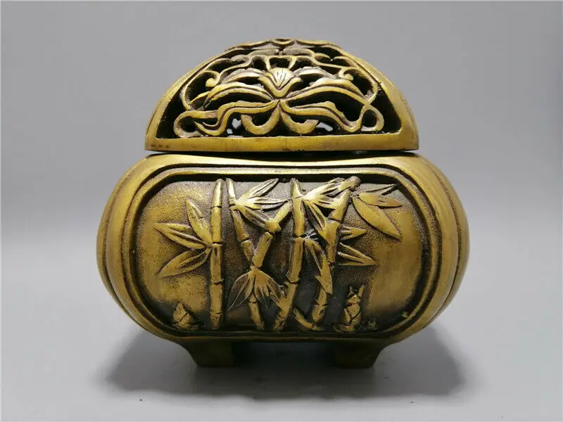 

5.12" Exquisite Chinese Brass Hand Carved Plum Blossom Bamboo Incense Burner