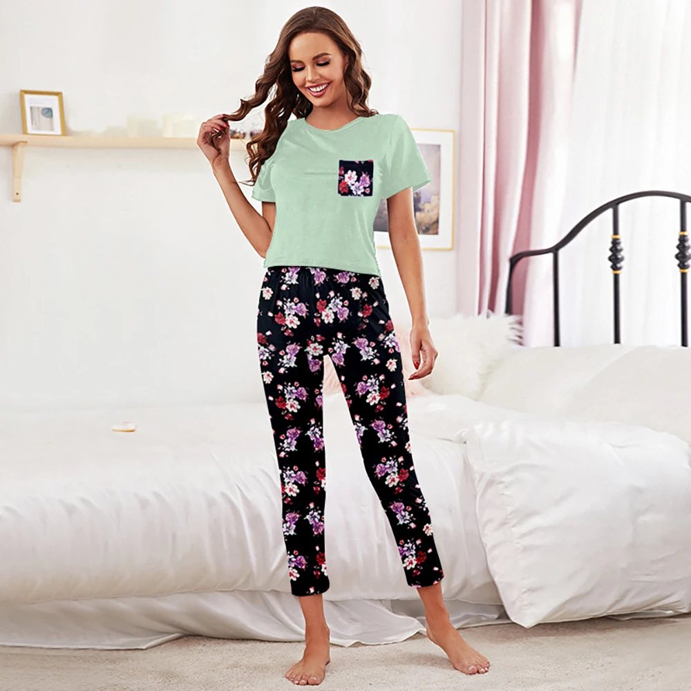 Ladies Fashion Pajama Set Short Sleeve Pyjamas Pants Smile Cat Print Sleepwear Suit Milk Silk Stretch Satin Pajamas For Women