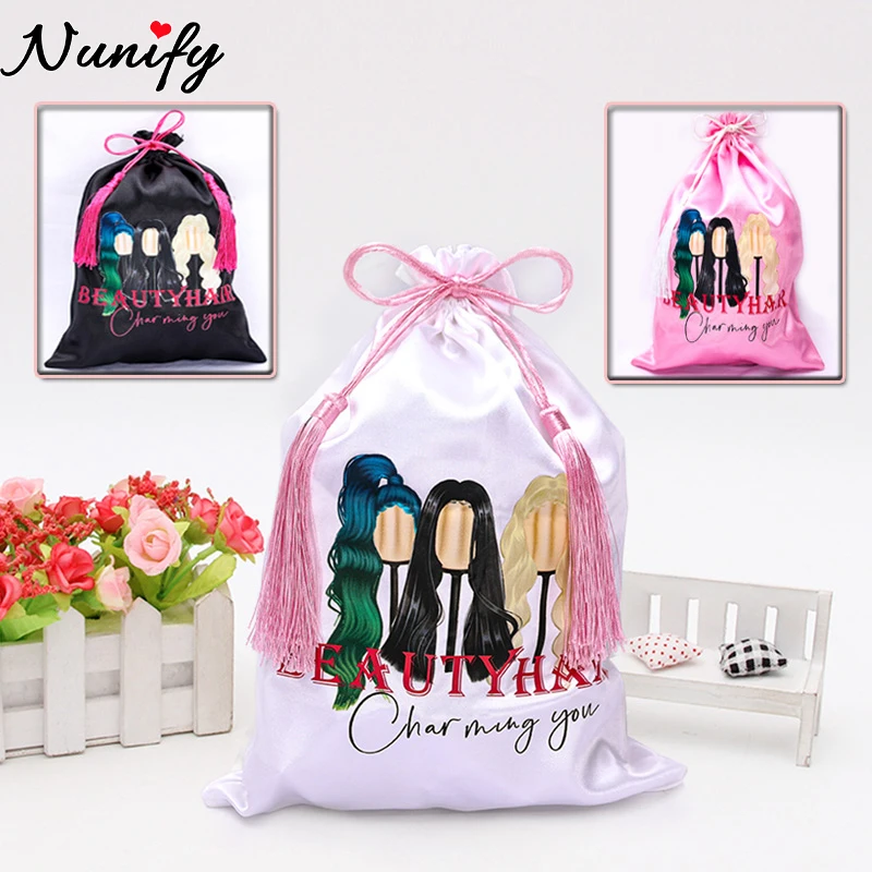 5/6Pcs Black Hair Packaging With Tassel For Wigs Soft Silky Satin Drawstring Bag For Hair Extensions Hair Tools Wig Accessories