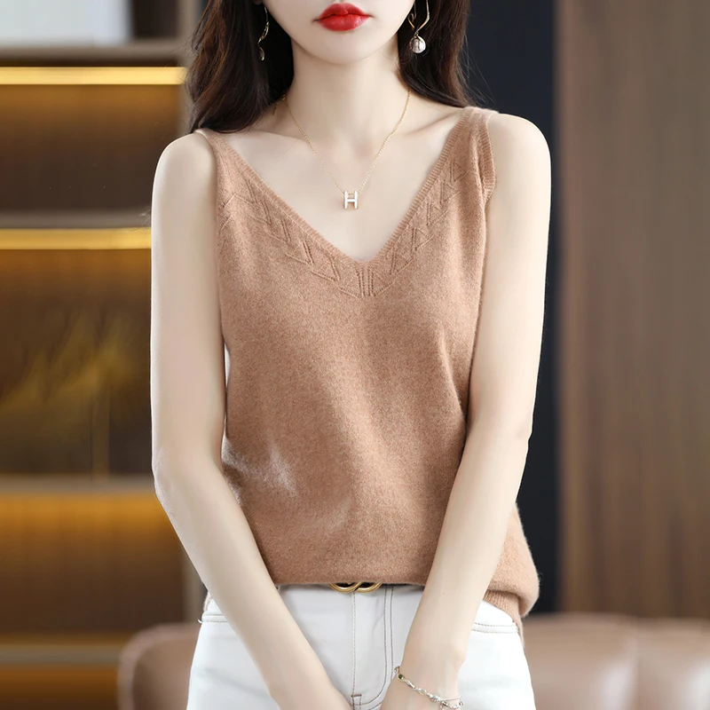 

Summer New Suspenders Women's Ice Silk Knitted Sweater Inside With V-Neck Top Slim-Fit Solid-Color Outer Wear Bottoming Vest