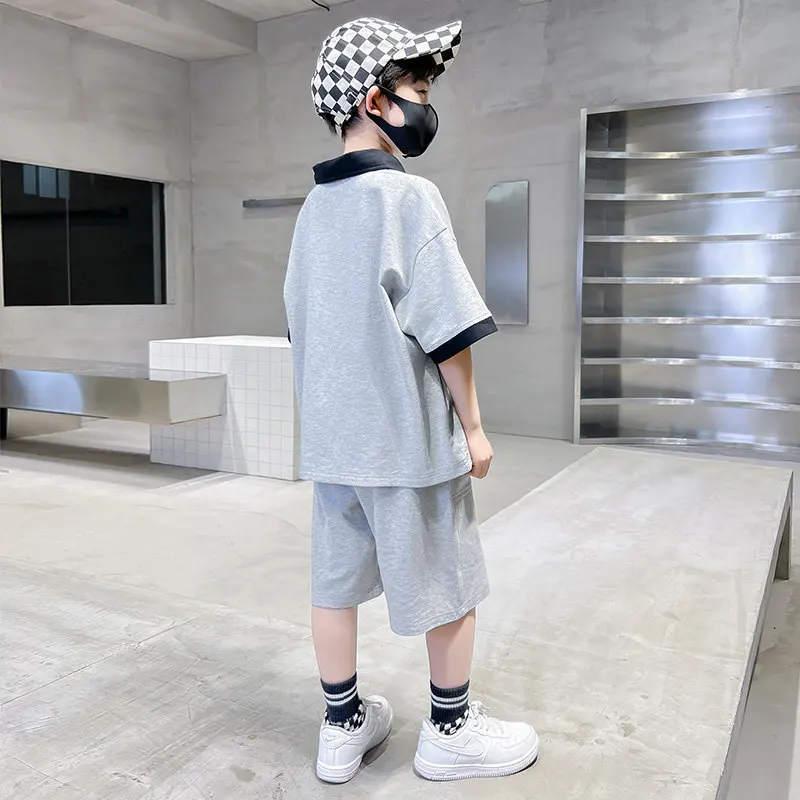 Children's Sport Clothing Set For Boys Short-Sleeved V-Neck T-Shirt+Shorts Solid Color Cotton Two-Piece Summer Teen Kids Outfits