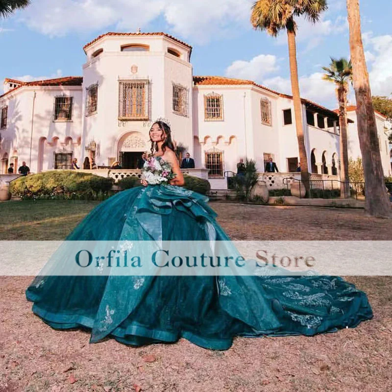 Фото Темно-зеленое платье Charro Quinceanera 2023 милое платье с бусинами и аппликацией для девушек мексиканское платье 15 лет милое 16 нарядное платье №3