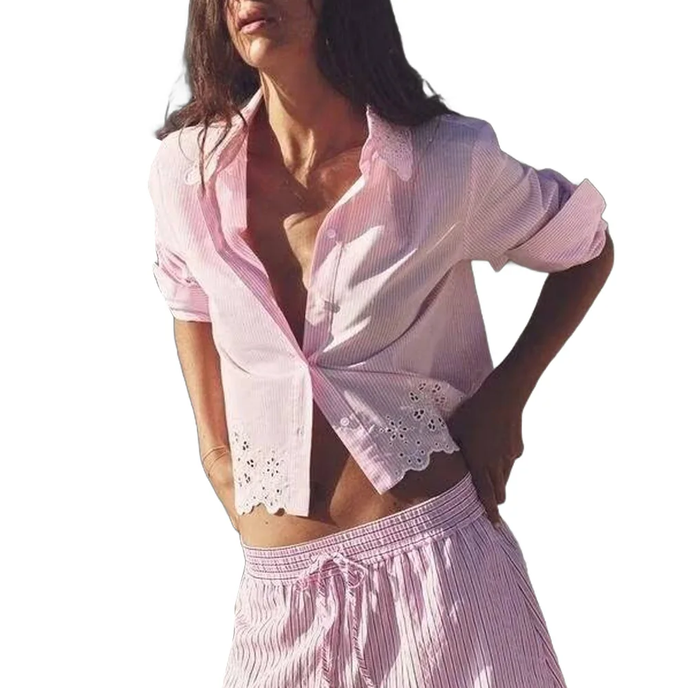 Женская Полосатая Рубашка с ажурной вышивкой милый яркий однобортный Топ