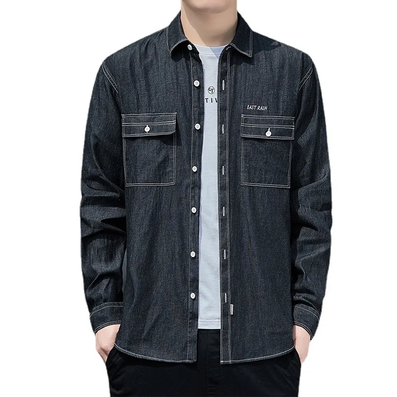 Solid Color Classic Men Denim Shirt Long Sleeve 100% Cotton Fashion Japanese Fresh Daily Casual Jacket Comfortable Soft Top