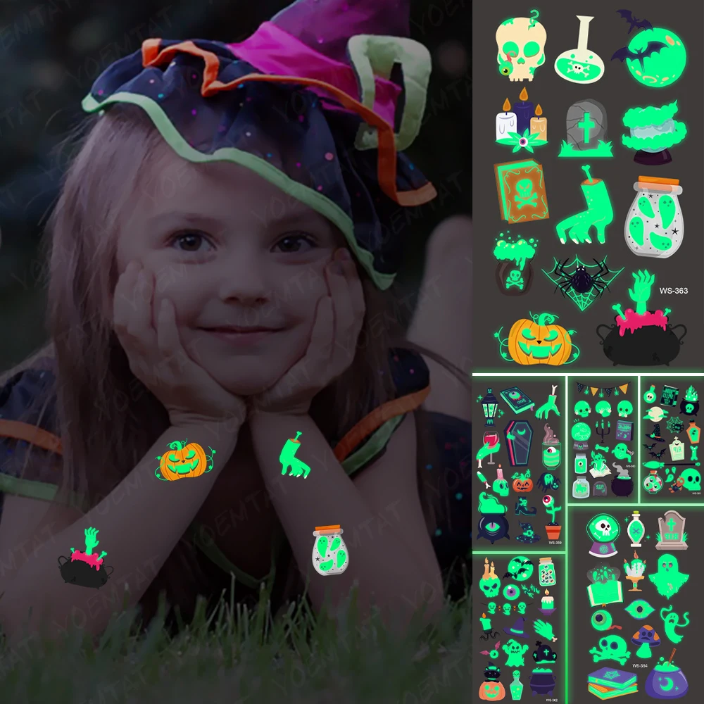 

Halloween Temporary Tattoo Stickers Waterproof Tombstone Skull Head Moon Glowing Arm Luminous Tatoo Child Halloween Party Decor