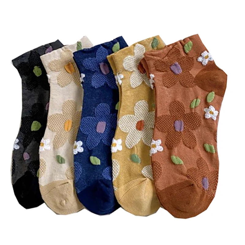 

2 Pair Sun Flower Short Spring Summer Women Socks Cute Print Shallow Mouth Female Fashion Breathable Cotton Korean Femme Sokken