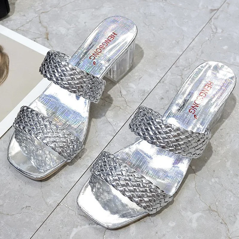 

Women's Sandals Sexy Fashion 2022 Braided Silver Bling High Heels Square Toe Open Toe Shoes for Women Summer Party Shoes Woman