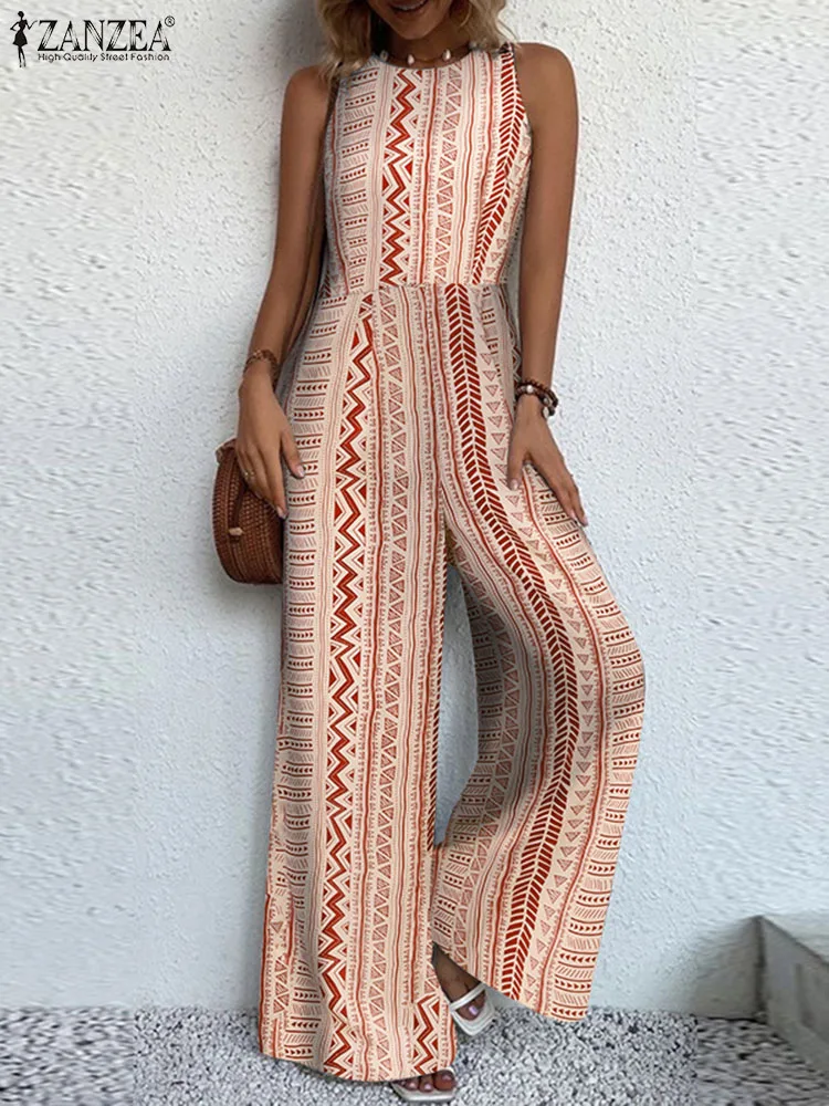 

ZANZEA Women Sleeveless Long Romper Bohemian Jumpsuit Vintage Ethnic Print Fashion O-neck Playsuit Holiday Wide Leg Pant Overall