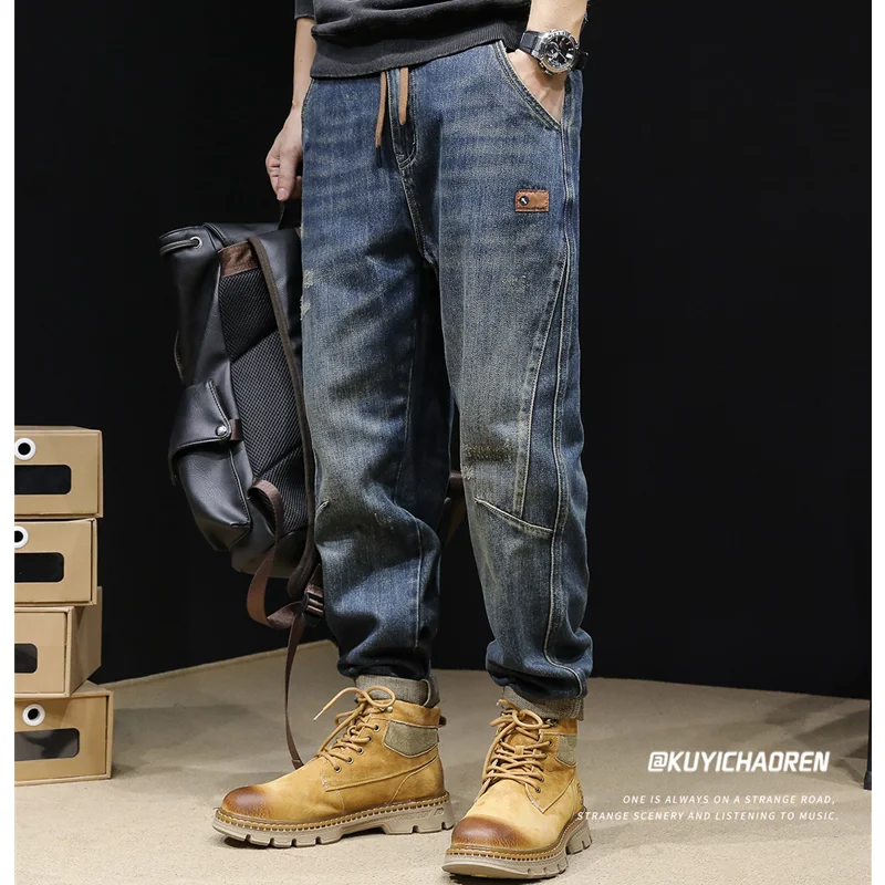 Streetwear Men 2022 New Pattern Vintage Recreational Blue High-end Jeans Loose Broad Leg Straight Cylinder Trousers Autumn Women