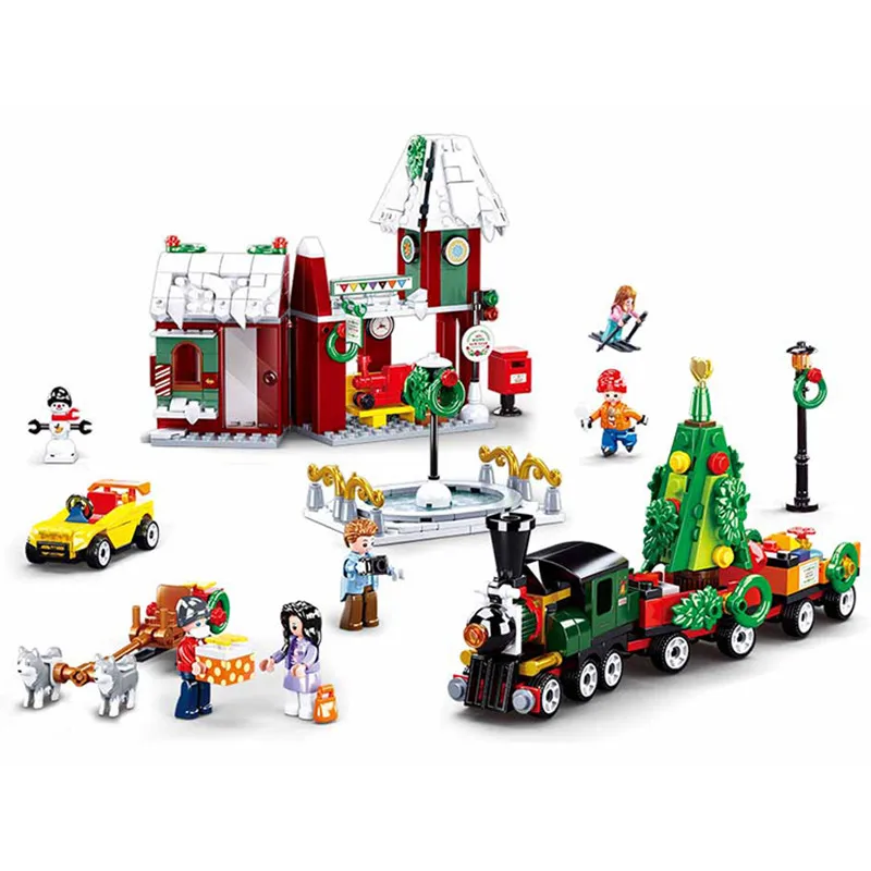 

Sluban Winter Village Santa Claus Train Station Truck Carriage Car Christmas Tree Snowman Building Block 565pc Bricks Toys Gifts