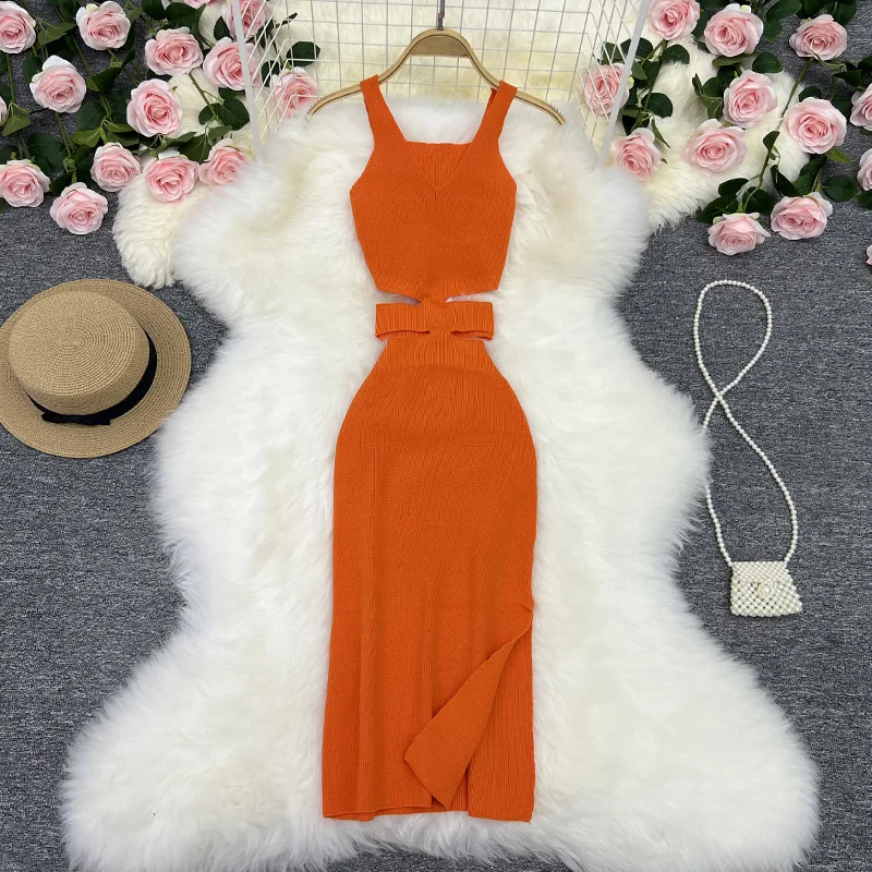 

Summer new sexy hollow out waist revealing machine knitted suspender dress women's bag hip Spice Girl Dresslongskirts for women