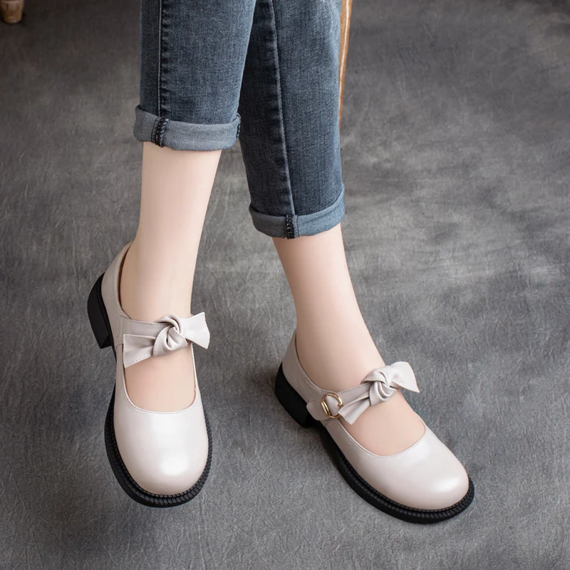 

Mary Jane Leather Shoes Women Low Heels Spring Pumps for Girls Handmade Genuine Leather Women Shoes Sweet Bowknot Brand2022