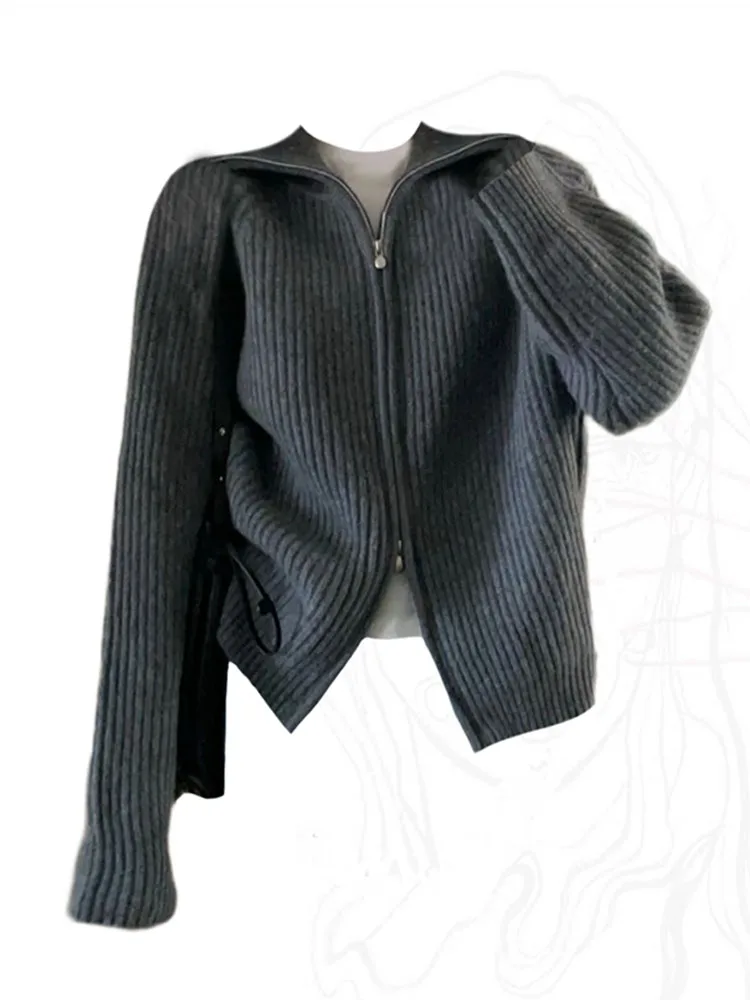 Женский базовый Серый кардиган свитер с полувысоким воротником мягкий вязаный