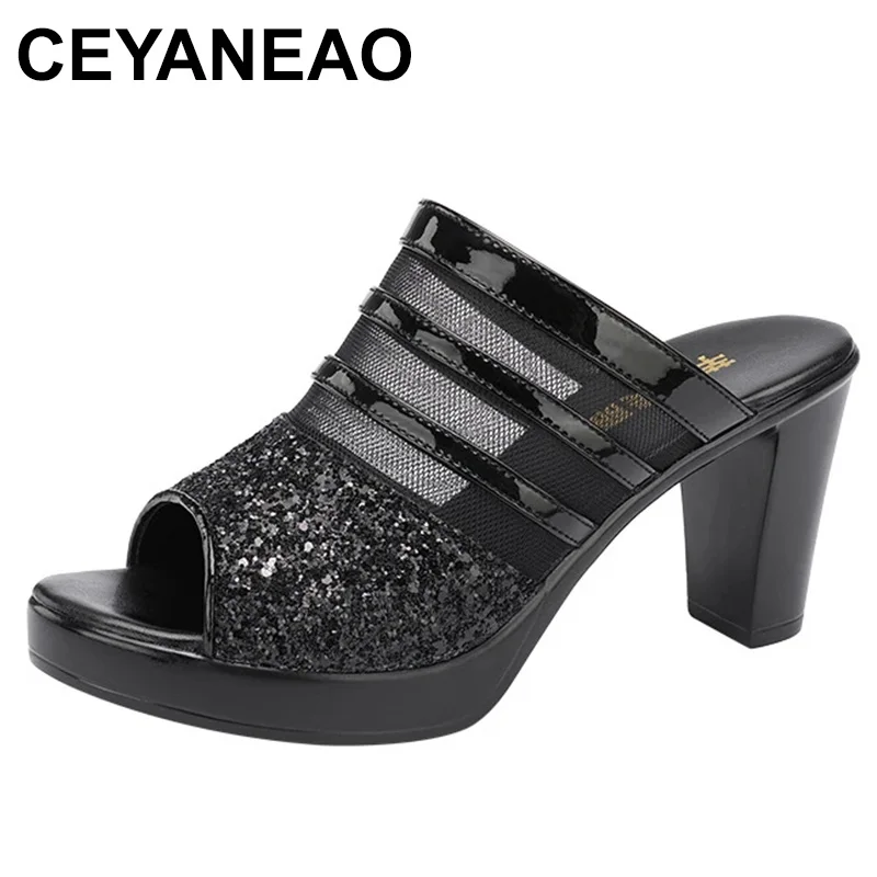 

Летние Тапочки из натуральной кожи, женская обувь на платформе и высоком каблуке, удобные женские сандалии с открытым носком, сетчатая пряжа