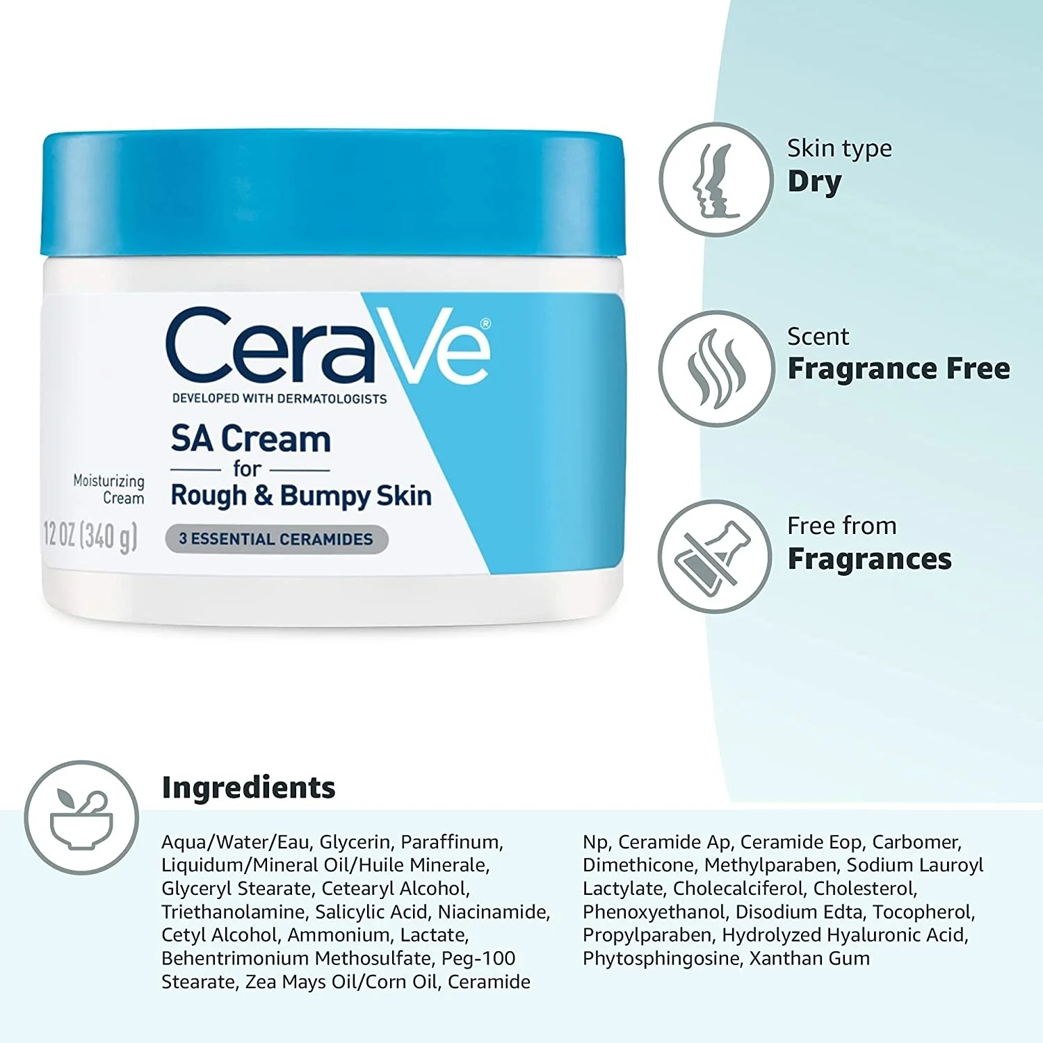 

CeraVe Salicylic Acid Cream For Rough And Bumpy Skin Moisturizing Exfoliating With Hyaluronic Acid Niacinamide NO-Fragrance 340g