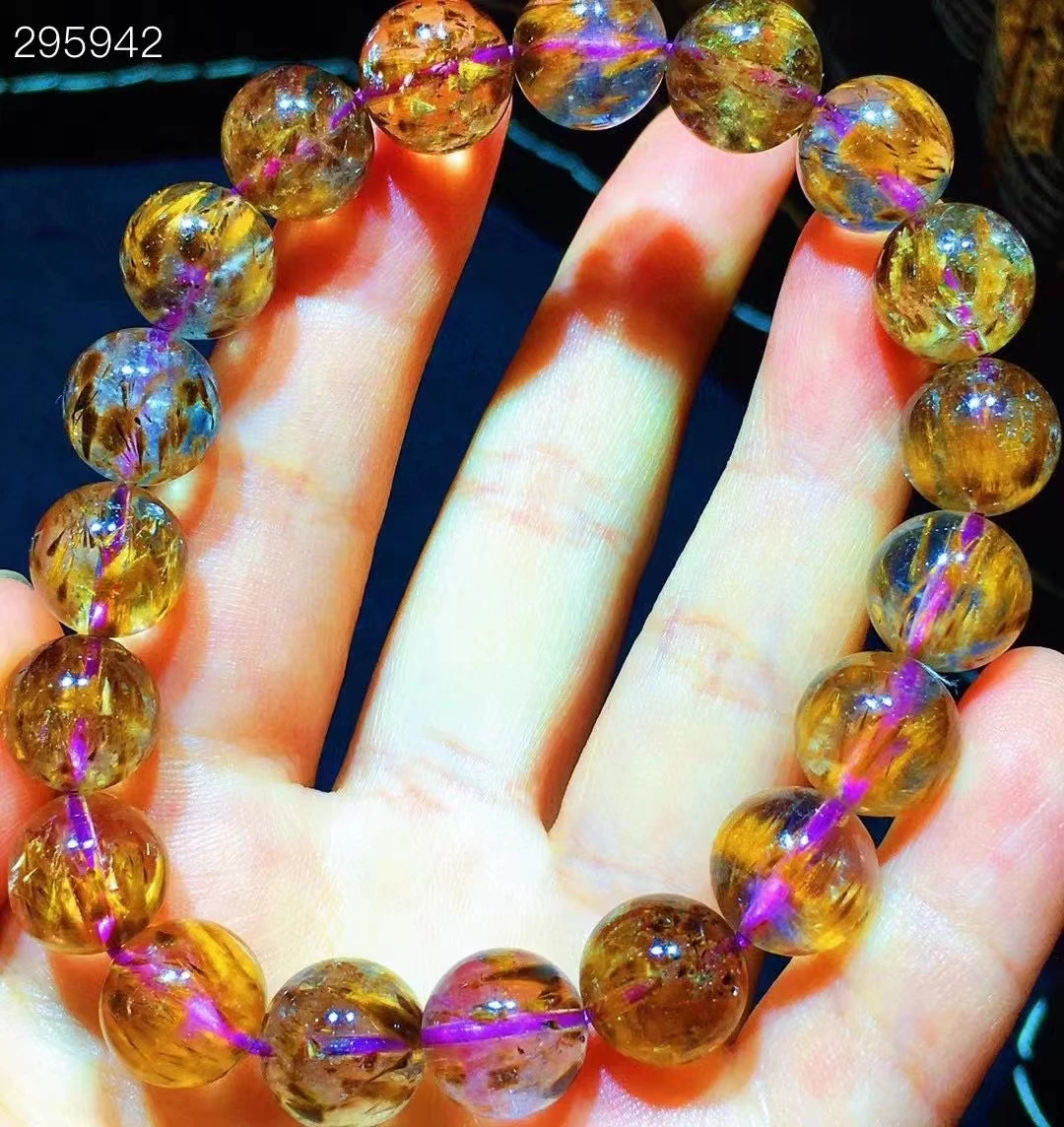 

11mm Natural Purple Cacoxenite Auralite 23 Red Gold Rutilated Quartz Bracelet Round Beads Bangle Women Men AAAAA