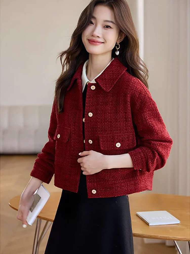 JHJN delicate Red women's short jacket Retro style Cardigan Rough flowers little chap Casual top