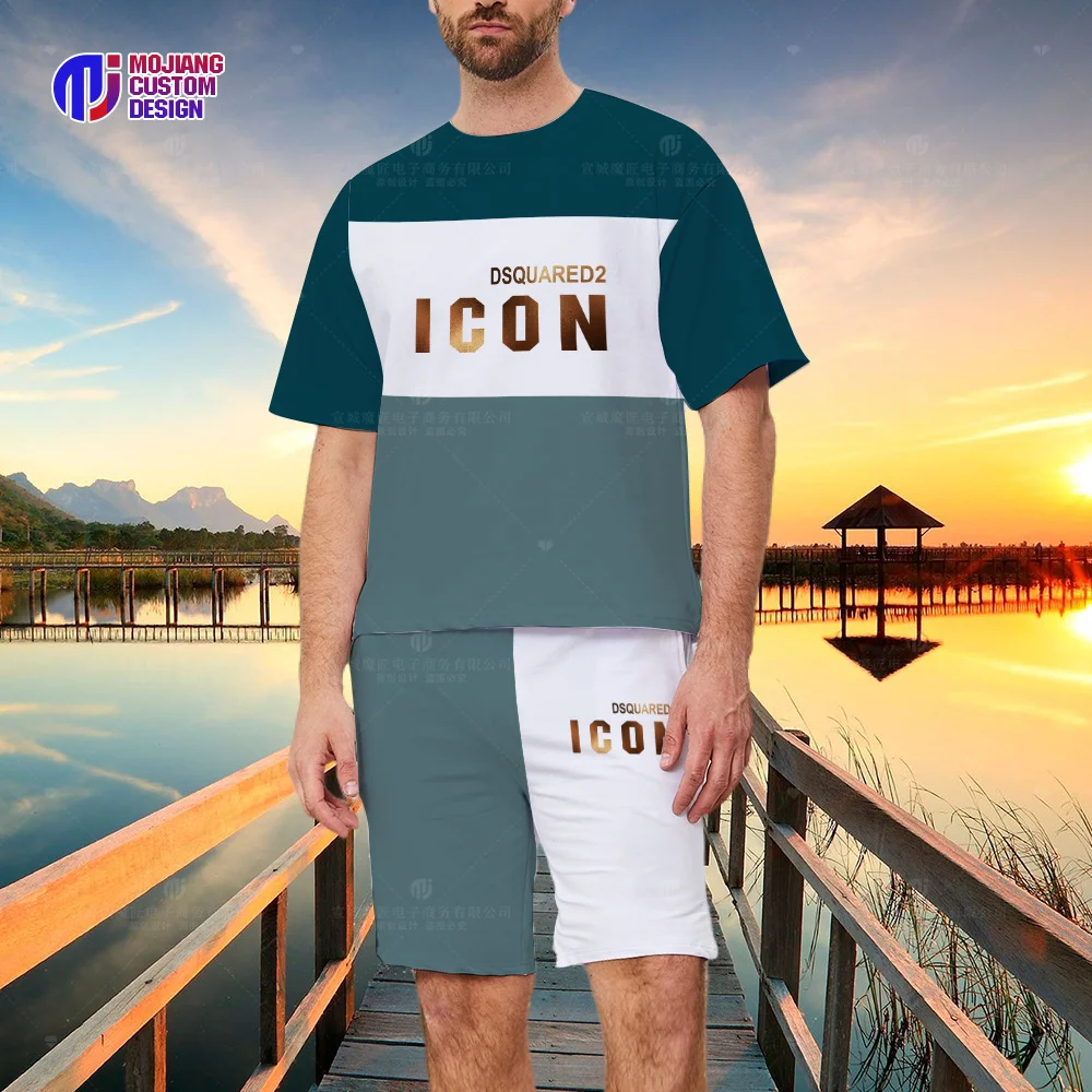 DSQICOND2 Casual Fashion Classic Letter Print Unisex DSQ ICON Beach Shorts Street Fashion Crewneck Tee Set