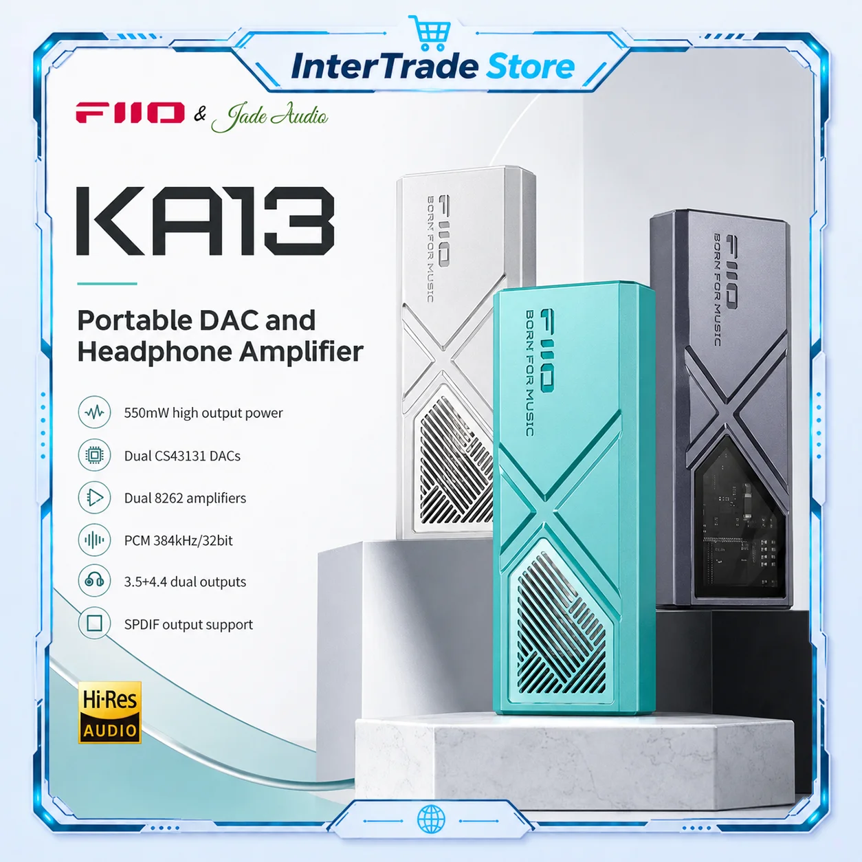 Фото FiiO KA13 Мощный портативный ЦАП-усилитель с двумя CS43131, 550 мВт, балансный выход 3,5 мм и 4,4 мм, совместим с устройствами iOS и Android №1