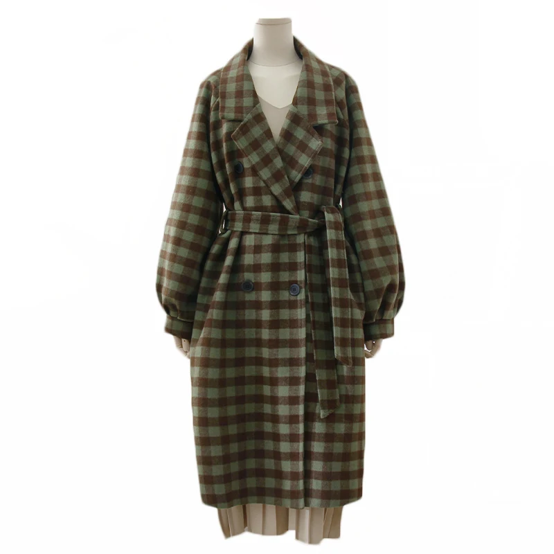 

Зеленое клетчатое шерстяное пальто, женская зимняя модная новинка, Корейская версия, двубортное длинное прямое шерстяное пальто с подкладкой